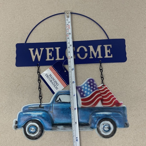 PATRIOTIC METAL BLUE PICKUP TRUCK W/ USA FLAG WELCOME SIGN WALL DOOR USA decor - Picture 4 of 10